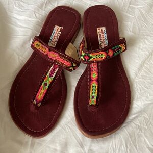 Handcrafted Mexico Artisan Burgundy Pink Embroidered Thong Sandals Strap Slides